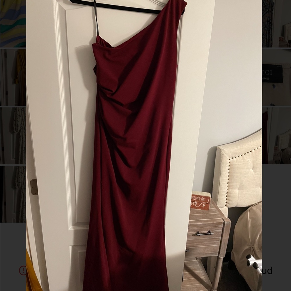 KATIE MAY cranberry one shoulder floor length dress
